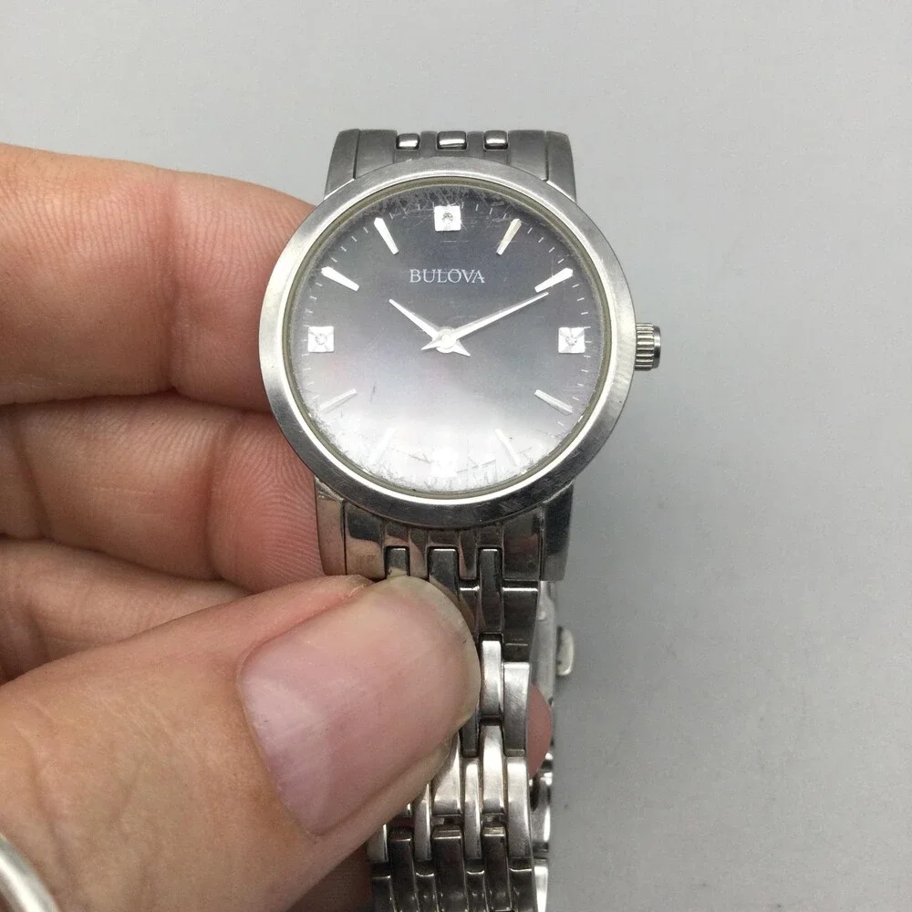 Bulova Womens Watch 27mm Black Dial Stainless Steel B96P148 New Battery 7.5